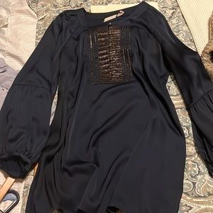 Chicos Navy Satin Beaded Bib Tunic Long Sleeve Blouse
